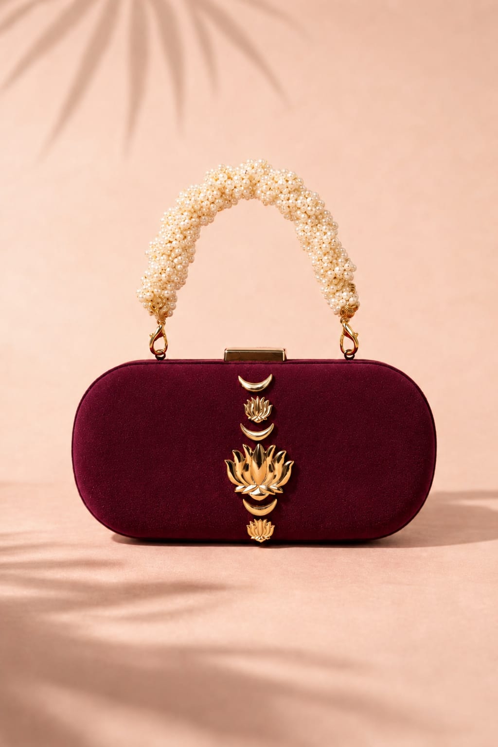 Maroon Lotus Suede Box Clutch with Kundan Embellishment