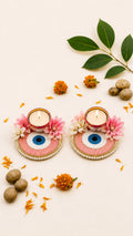 Pink evil eye nazar beaded tealight candle holder set of 2 by Sache, festive home decor