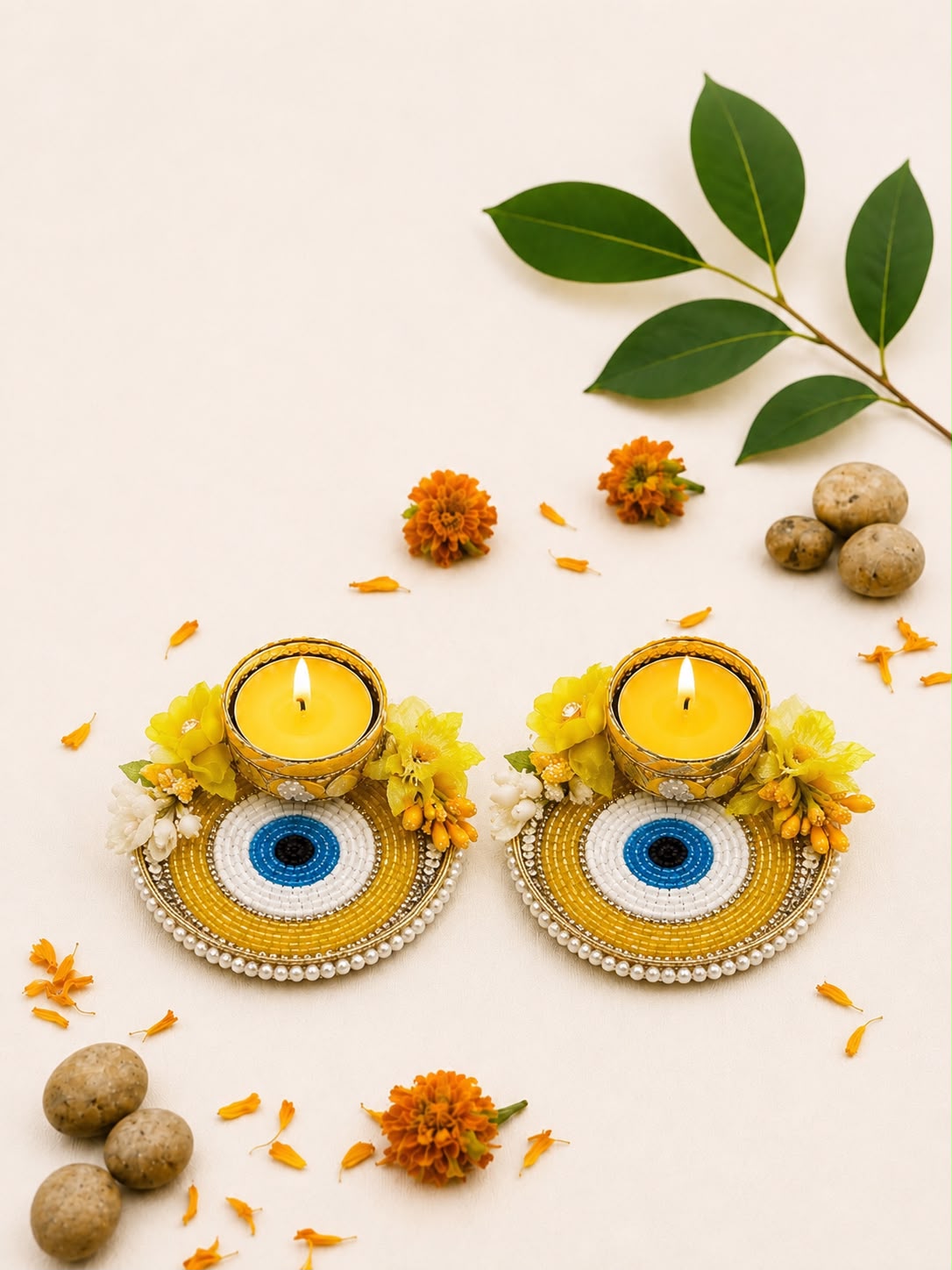 Yellow evil eye nazar beaded tealight candle holder set of 2 by Sache, festive home decor