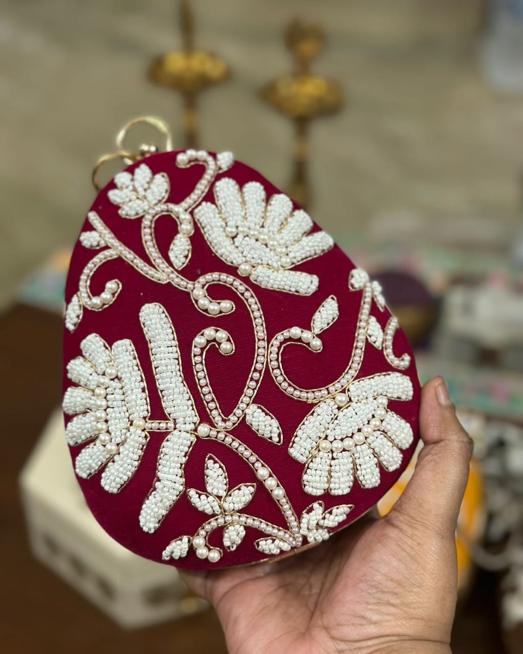 Maroon pearl beaded floral egg clutch with gold bangle handle, wedding evening bag