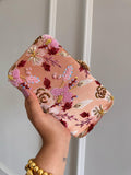 Peach multicolour embroidered box clutch with rose and gold zardozi beadwork and a gold clasp
