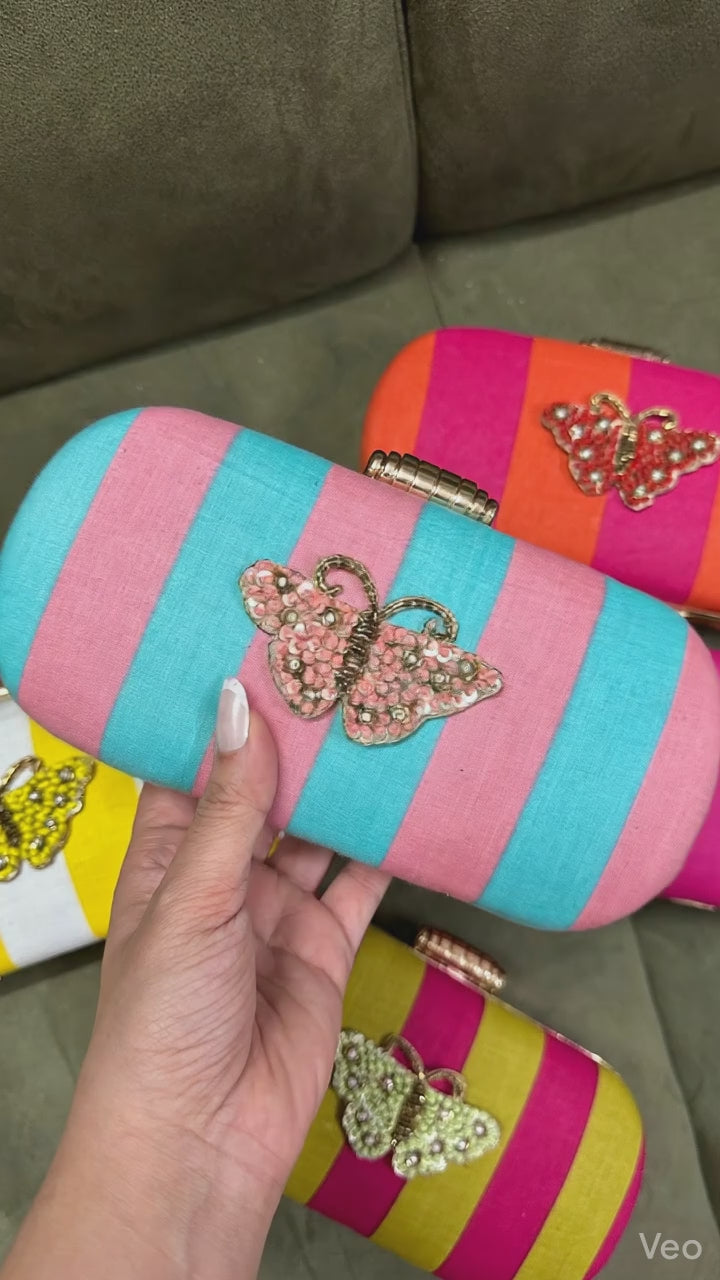 Multicolor Striped Butterfly Embellished Silk Box Clutch – Luxury Ethnic Wedding & Festive Handbag