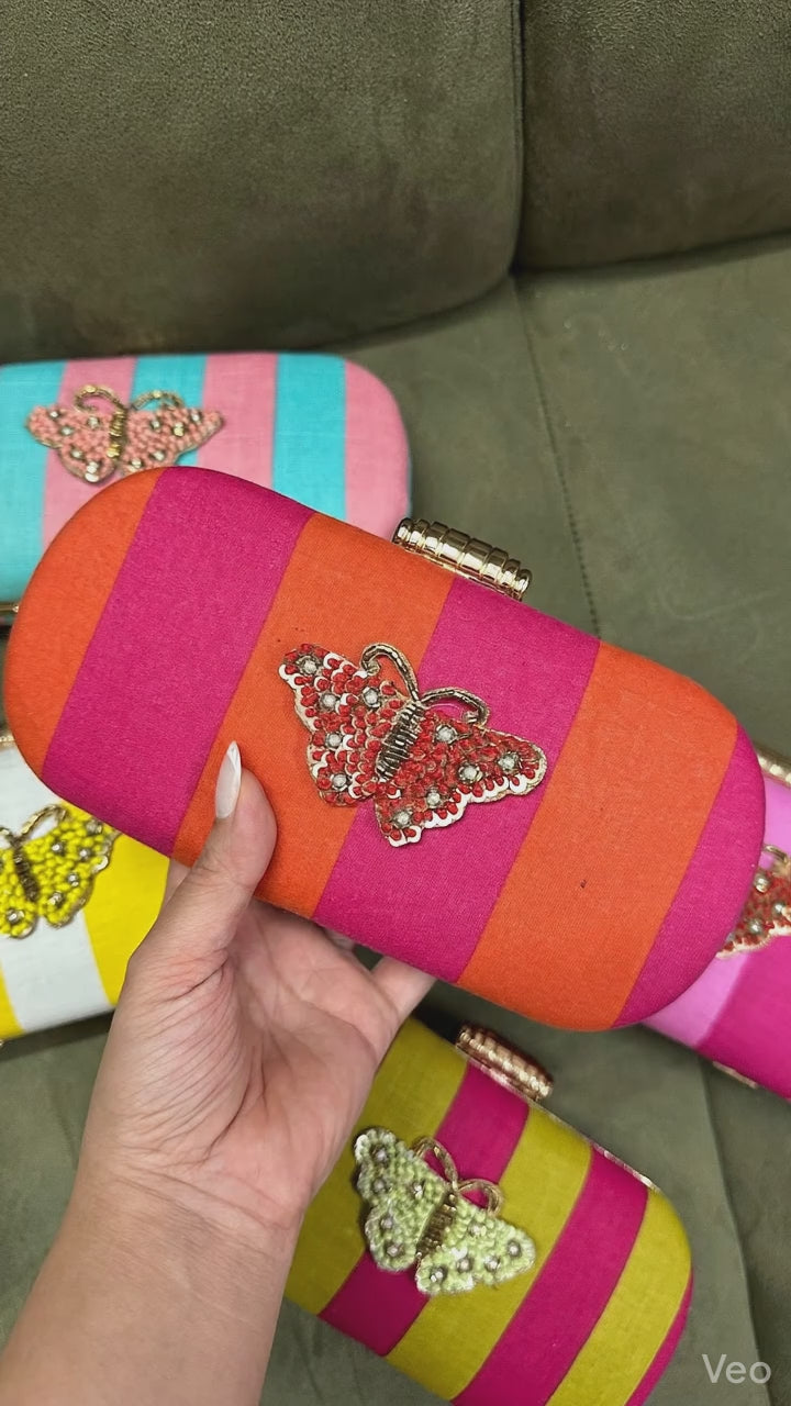 Pink & Orange Striped Butterfly Embellished Silk Box Clutch – Designer Festive & Wedding Party Handbag