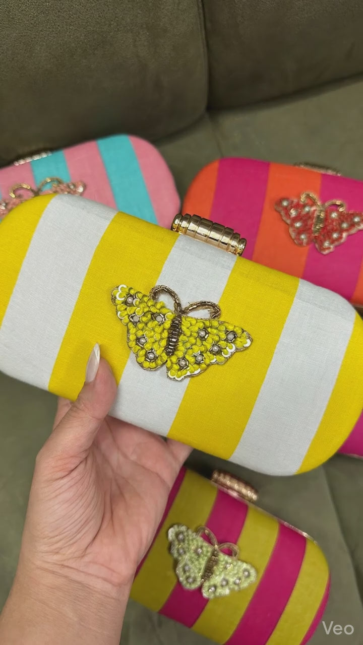 Yellow & White Striped Butterfly Embellished Silk Box Clutch – Designer Ethnic Wedding & Festive Handbag