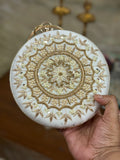 Sache Ivory Zardozi Round Box Clutch – bridal velvet wedding bag with gold sequin embroidery
