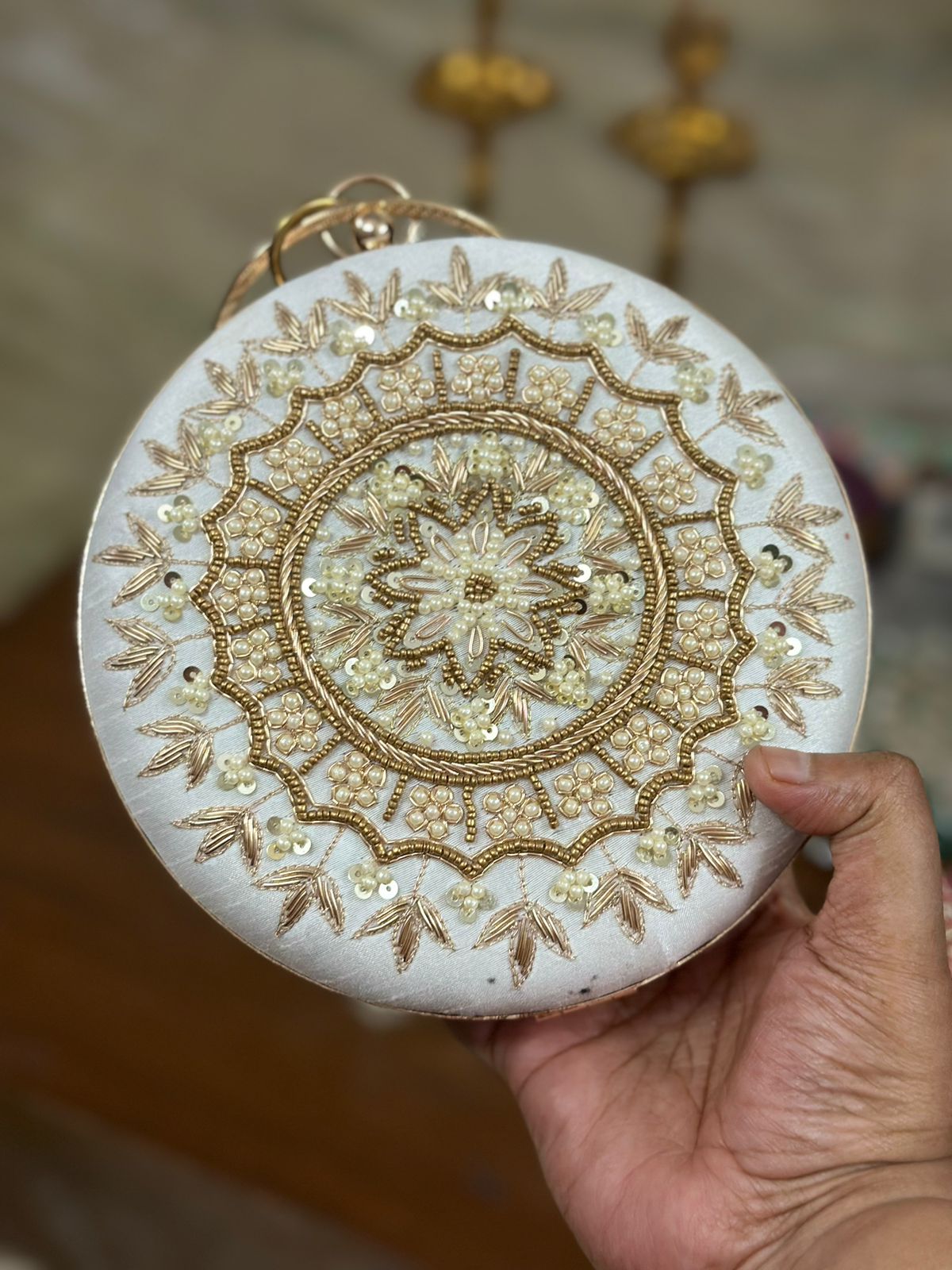 Sache Ivory Zardozi Round Box Clutch – bridal velvet wedding bag with gold sequin embroidery