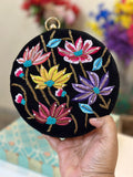 Sache Black Lotus Round Box Clutch – multicolour embroidered festive evening bag
