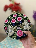 Sache Green Bird Round Box Clutch – bagh-e-bulbul embroidered wedding bag on bottle-green velvet