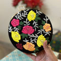 Sache Black Floral Round Box Clutch – multicolour rose embroidered festive bag