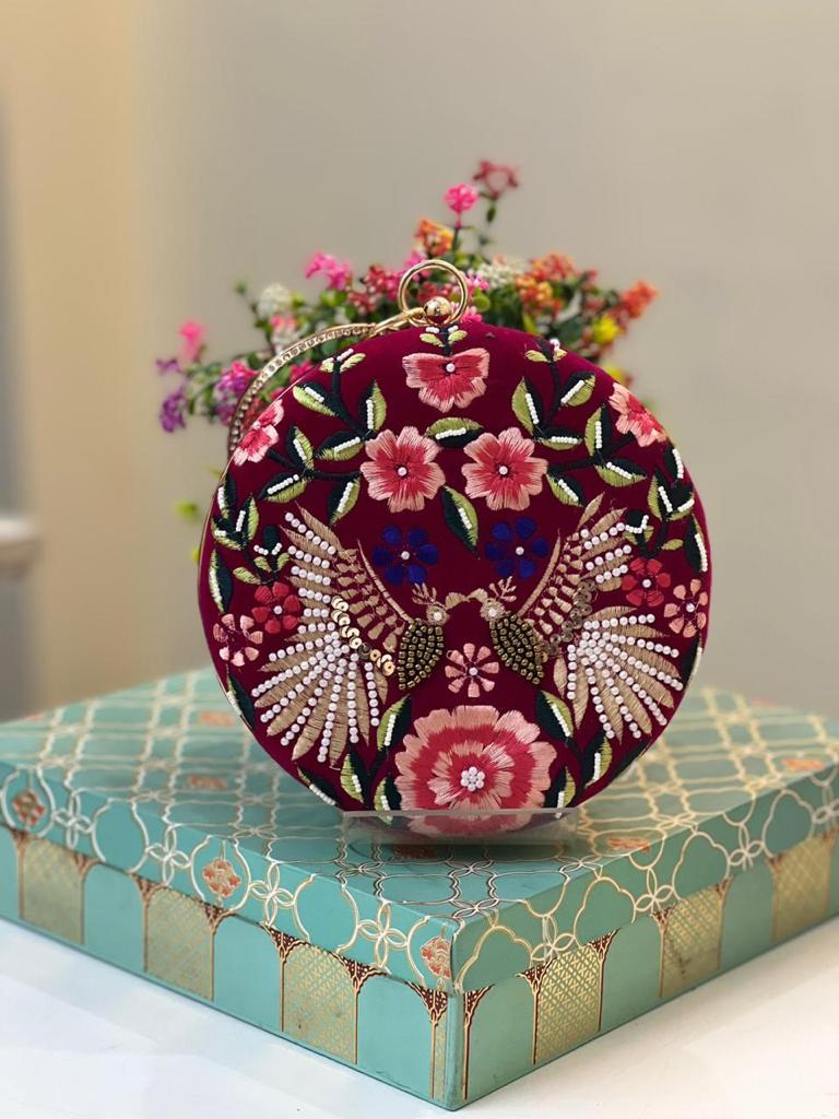Sache Maroon Bird Round Box Clutch – pearl embroidered wedding bag with bird motif