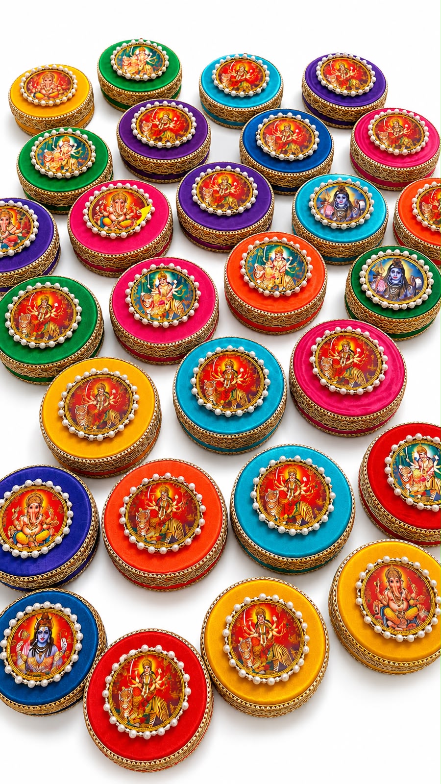 Bulk Durga, Ganesha and Shiva print velvet gift boxes in assorted festive colours for Navratri and Golu return gifts by Sache
