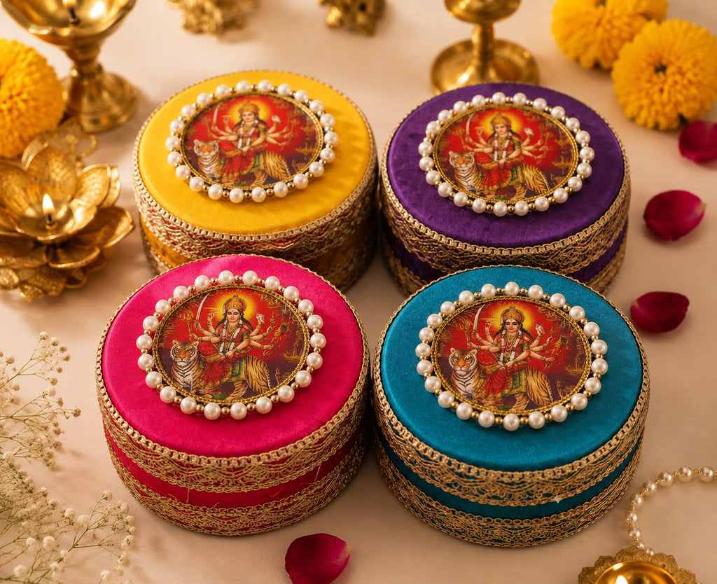 Durga print velvet gift boxes in yellow, purple, rani pink and teal with gold lace trim, Sache festive return gift boxes