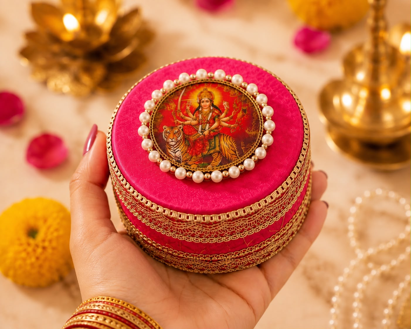 Hand holding a rani pink Durga velvet gift box showing the 250g size, a Sache Golu return gift box