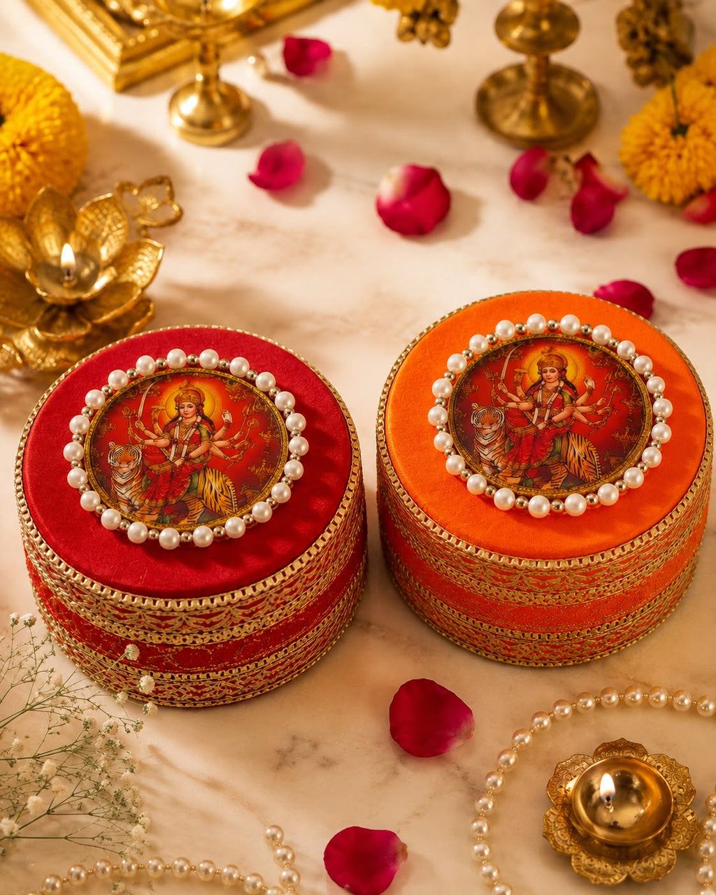 Red and orange Durga velvet gift boxes with pearl framed medallion and gold zari lace, Sache Navratri puja return gift