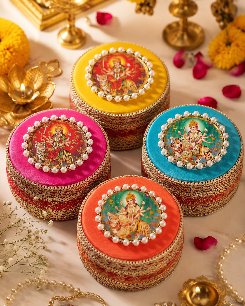 Four Durga print velvet gift boxes in yellow, rani pink, turquoise and orange with pearl trim and gold zari lace, Sache Navratri return gifts
