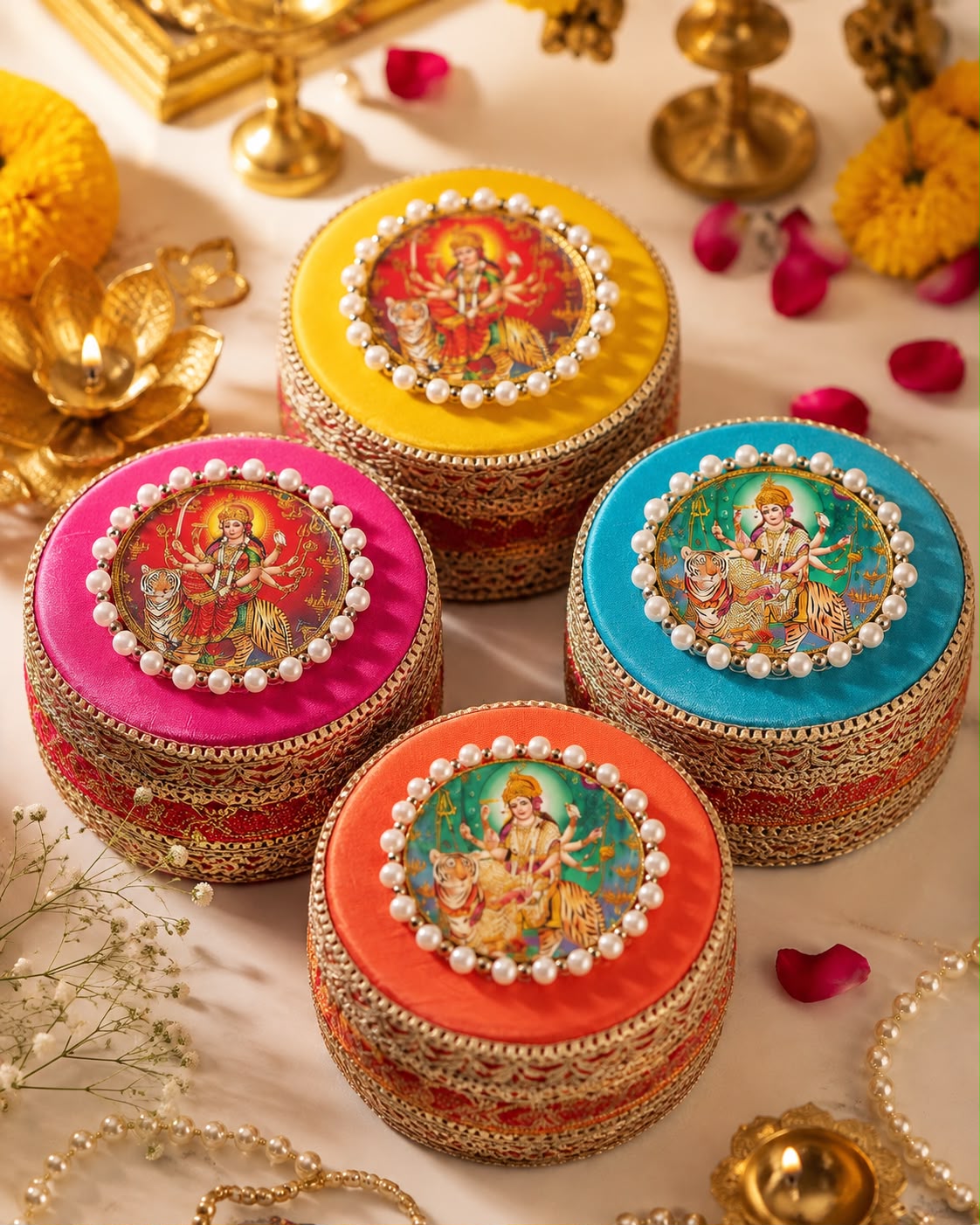 Four Durga print velvet gift boxes in yellow, rani pink, turquoise and orange with pearl trim and gold zari lace, Sache Navratri return gifts