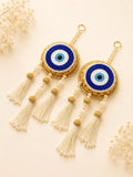 Pair of hand-beaded evil eye nazar battu wall hangings in blue, white and gold with ivory pearl tassels, 10 inches, by Sache