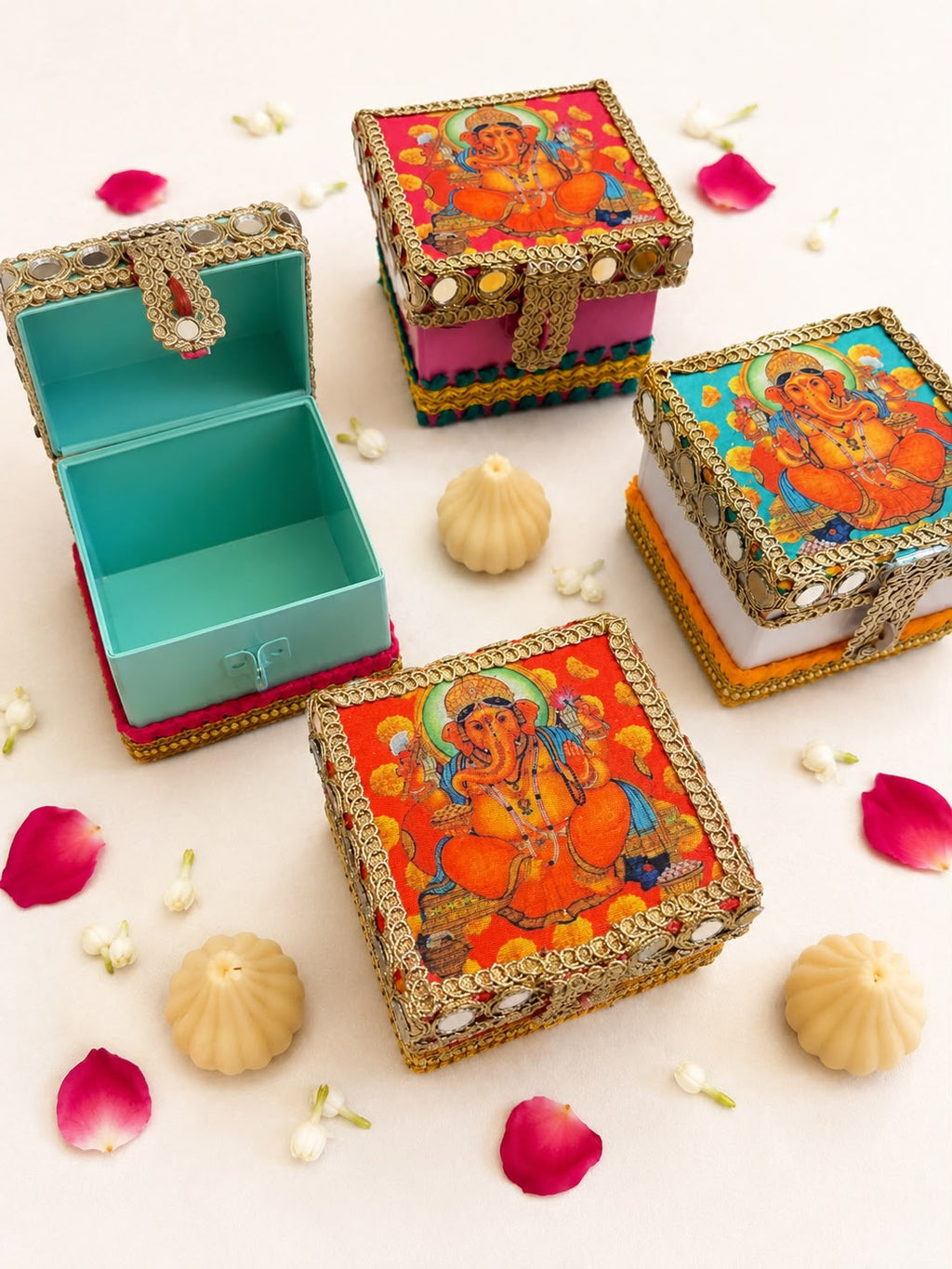 Ganesha trunk box open showing the empty lined interior and hinged lid, supplied empty and ready to fill