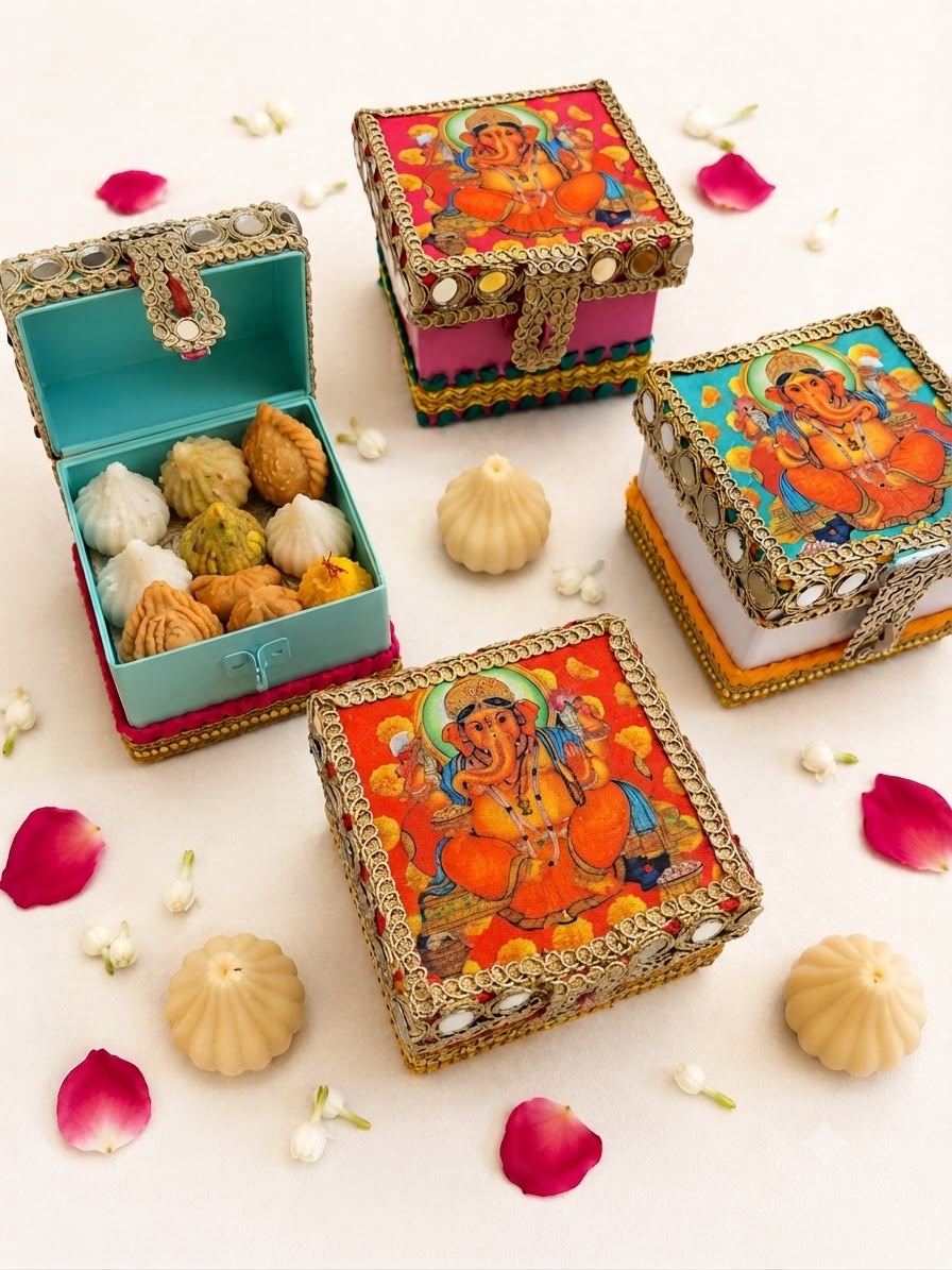 Ganesha modak trunk box open and filled with modaks to show scale, sweets not included, by Sache