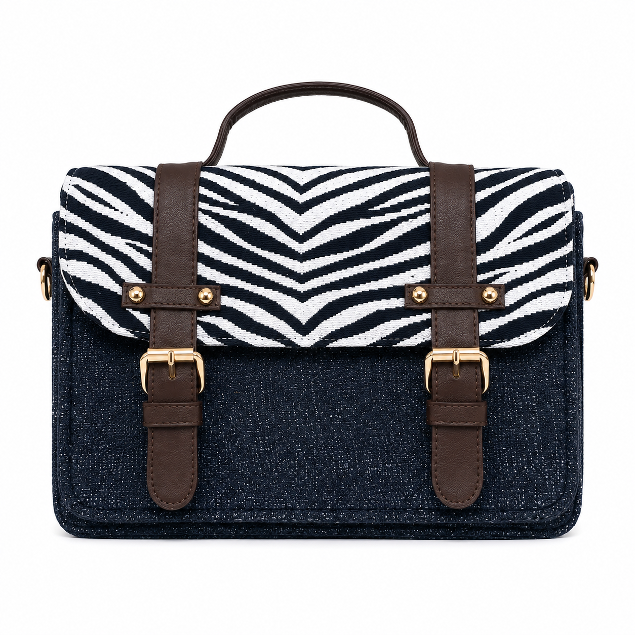 Navy blue mini satchel with a woven black and white chevron flap, gold buckles and top handle, on a white background
