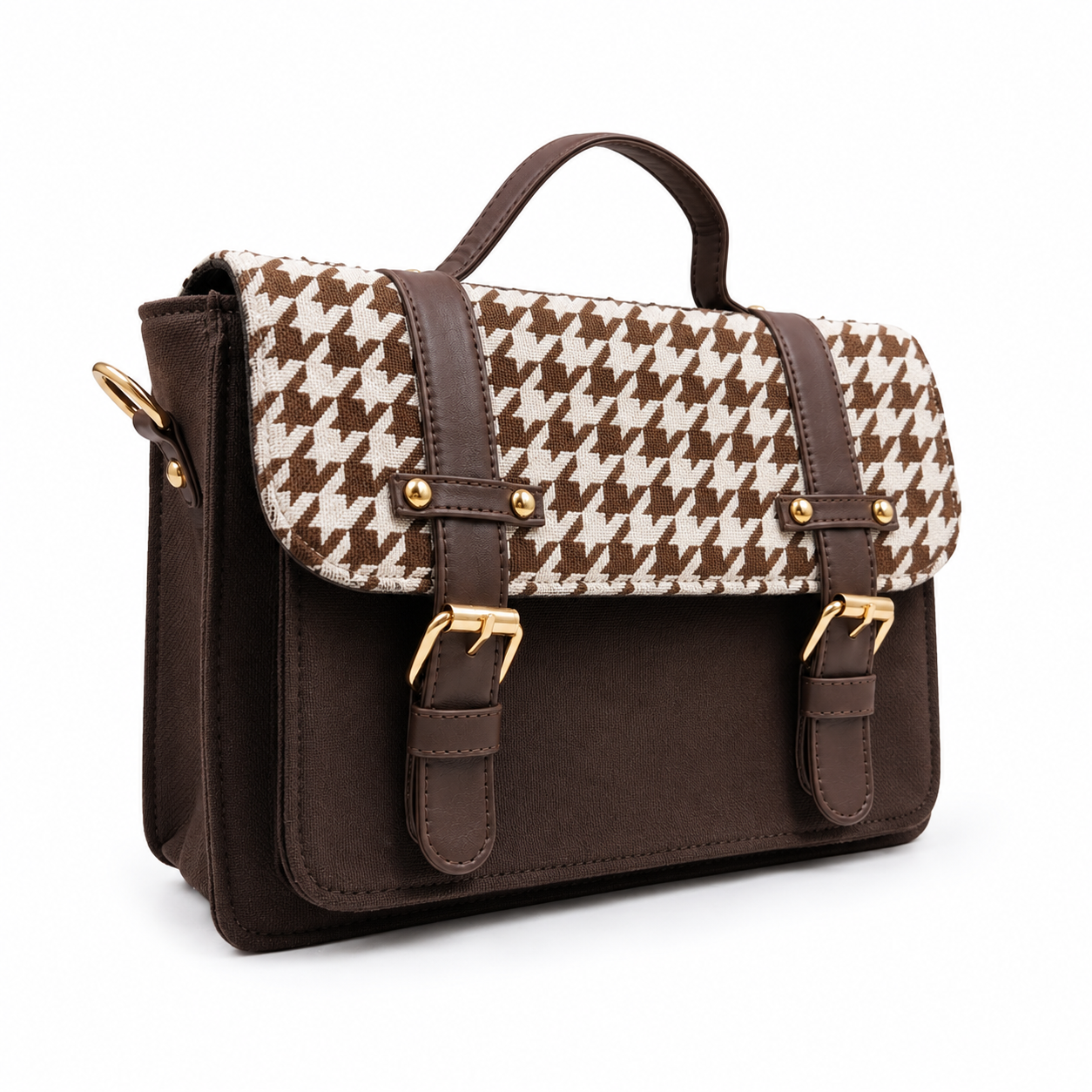 Chocolate brown mini satchel with a woven brown and cream houndstooth flap, gold buckles and top handle, on a white background