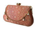 Red Banarasi brocade box clutch with gold pearl chain