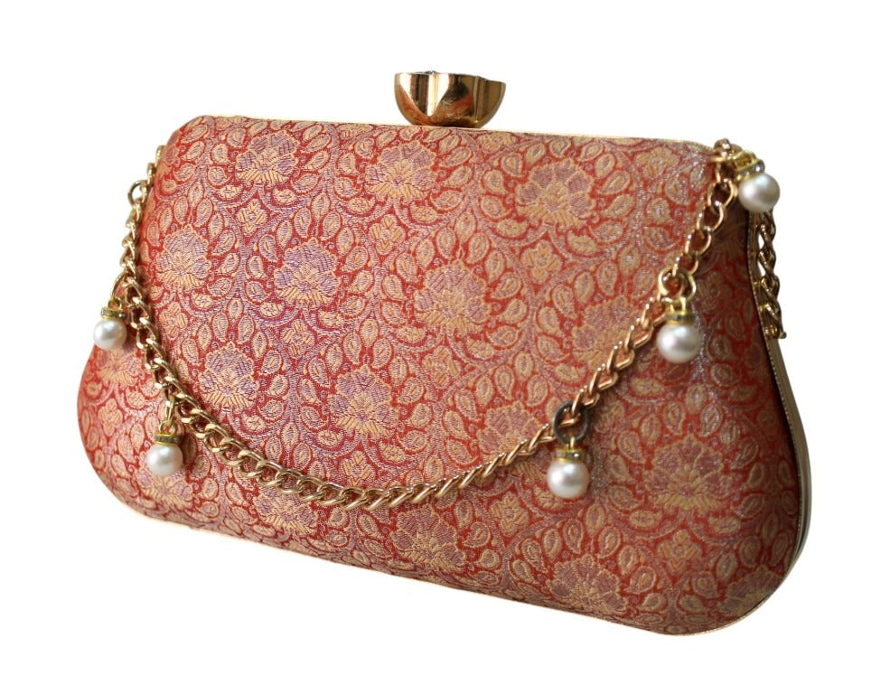 Red Banarasi brocade box clutch with gold pearl chain