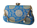 Blue and gold brocade box clutch with pearl chain