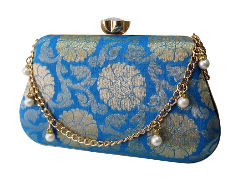 Blue and gold brocade box clutch with pearl chain