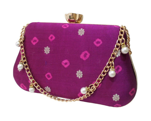 Magenta bandhani silk box clutch with pearl chain