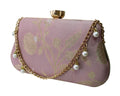 Dusty pink floral brocade box clutch with pearl chain