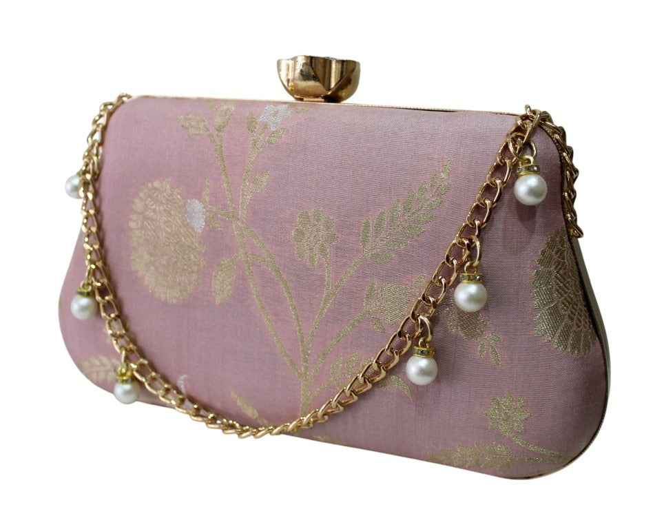 Dusty pink floral brocade box clutch with pearl chain