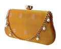 Mustard yellow silk box clutch with pearl chain