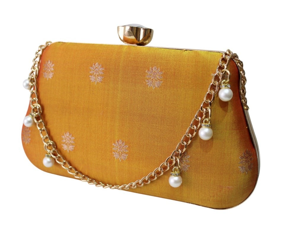 Mustard yellow silk box clutch with pearl chain