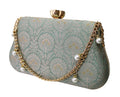 Mint green brocade box clutch with pearl chain
