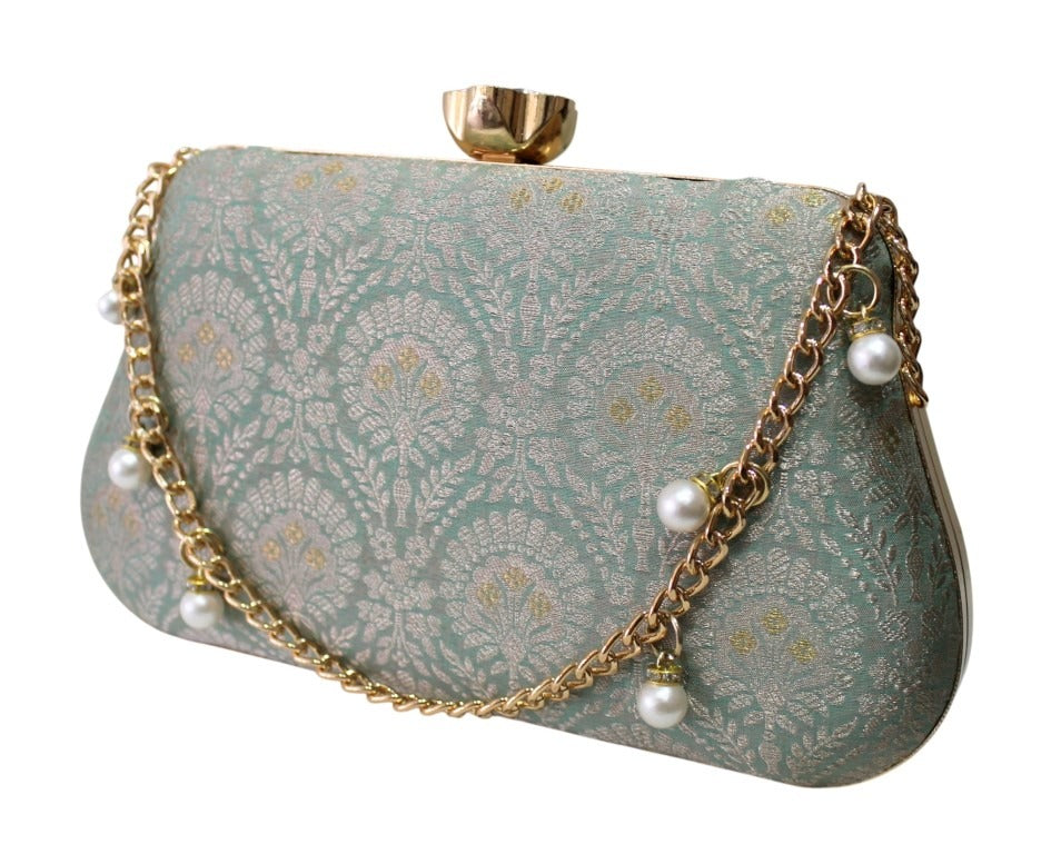 Mint green brocade box clutch with pearl chain
