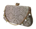 Gold damask brocade box clutch with pearl chain