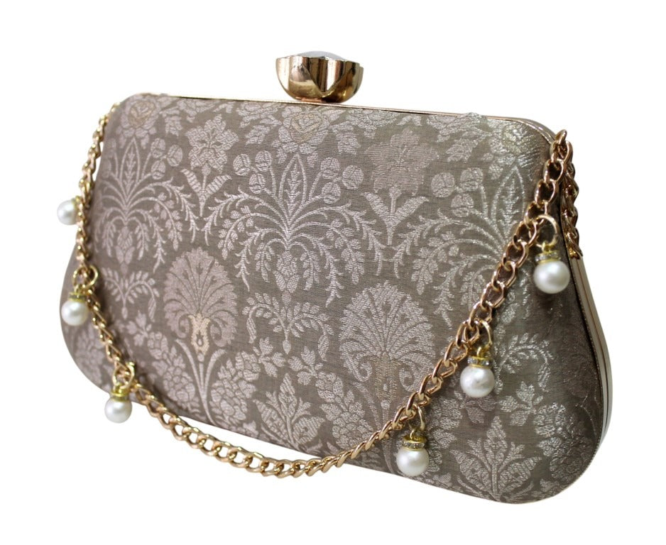 Gold damask brocade box clutch with pearl chain