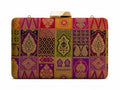 Roshni Banarasi patchwork box clutch in purple and gold zari silk, front view with gold clasp