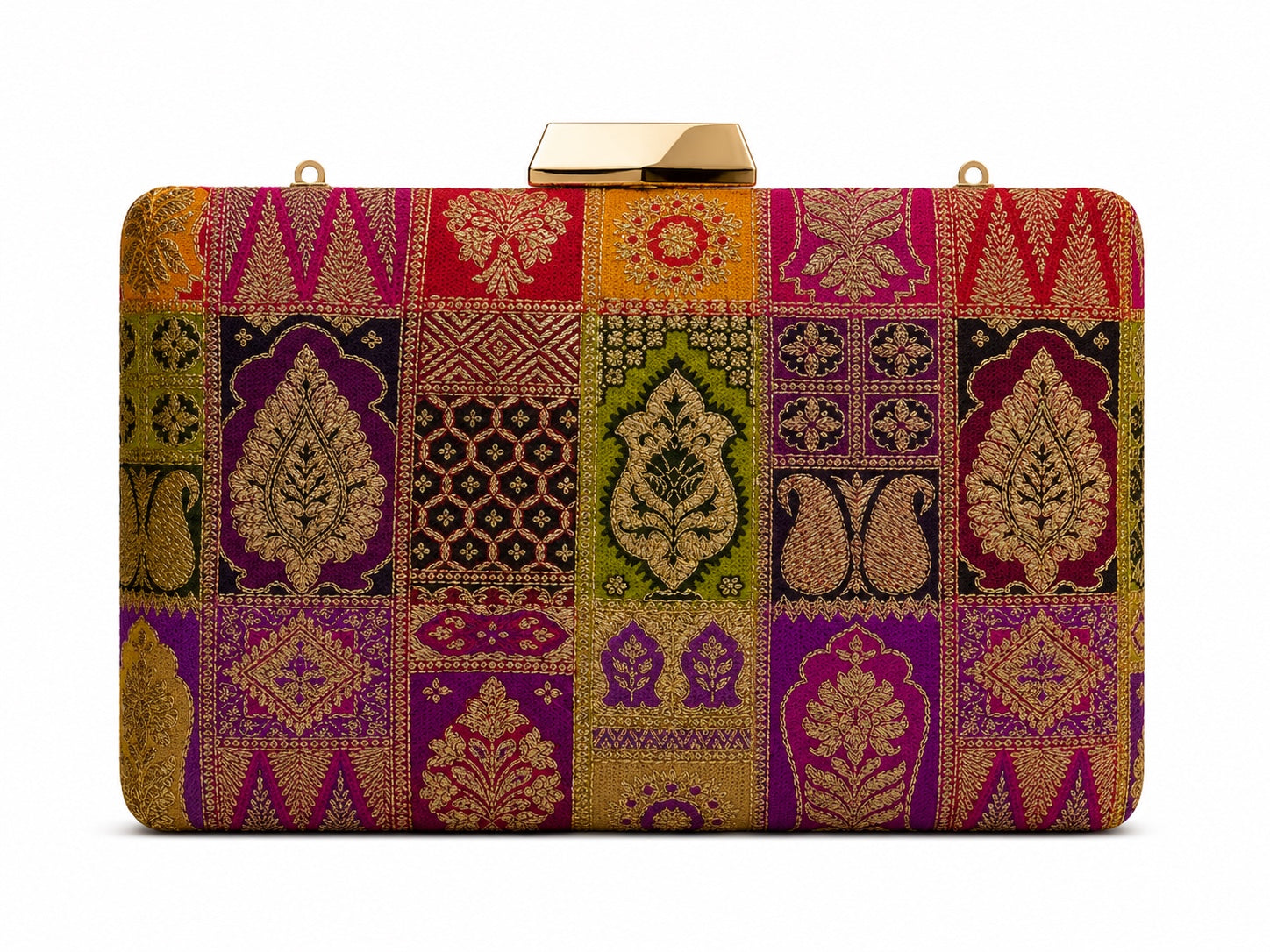 Roshni Banarasi patchwork box clutch in purple and gold zari silk, front view with gold clasp