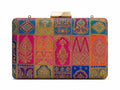 Deepa Banarasi patchwork box clutch in fuchsia pink and teal zari silk, front view