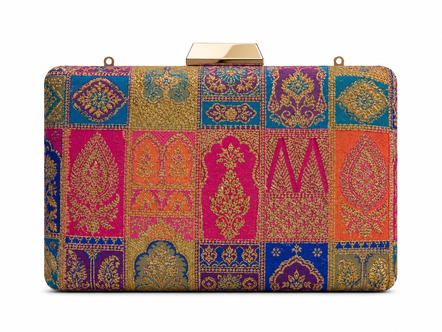 Deepa Banarasi patchwork box clutch in fuchsia pink and teal zari silk, front view