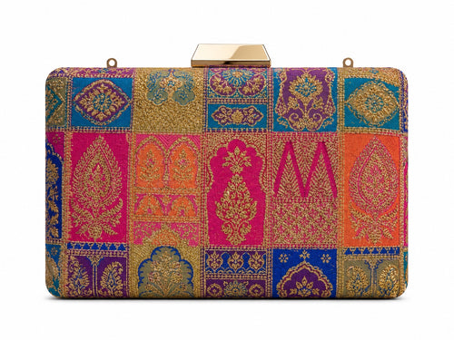 Deepa Banarasi patchwork box clutch in fuchsia pink and teal zari silk, front view