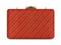 Anaya red Banarasi silk box clutch with diagonal gold zari paisley stripe, front view