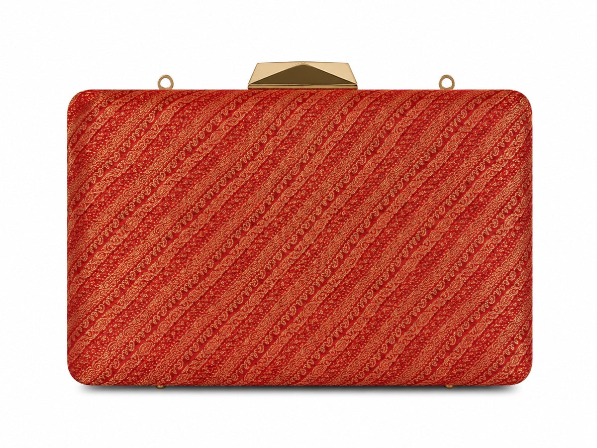 Anaya red Banarasi silk box clutch with diagonal gold zari paisley stripe, front view