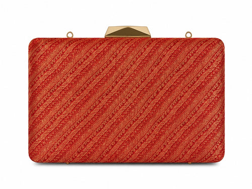 Anaya red Banarasi silk box clutch with diagonal gold zari paisley stripe, front view