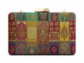 Tara Banarasi patchwork box clutch in emerald, mustard and maroon silk with antique gold zari