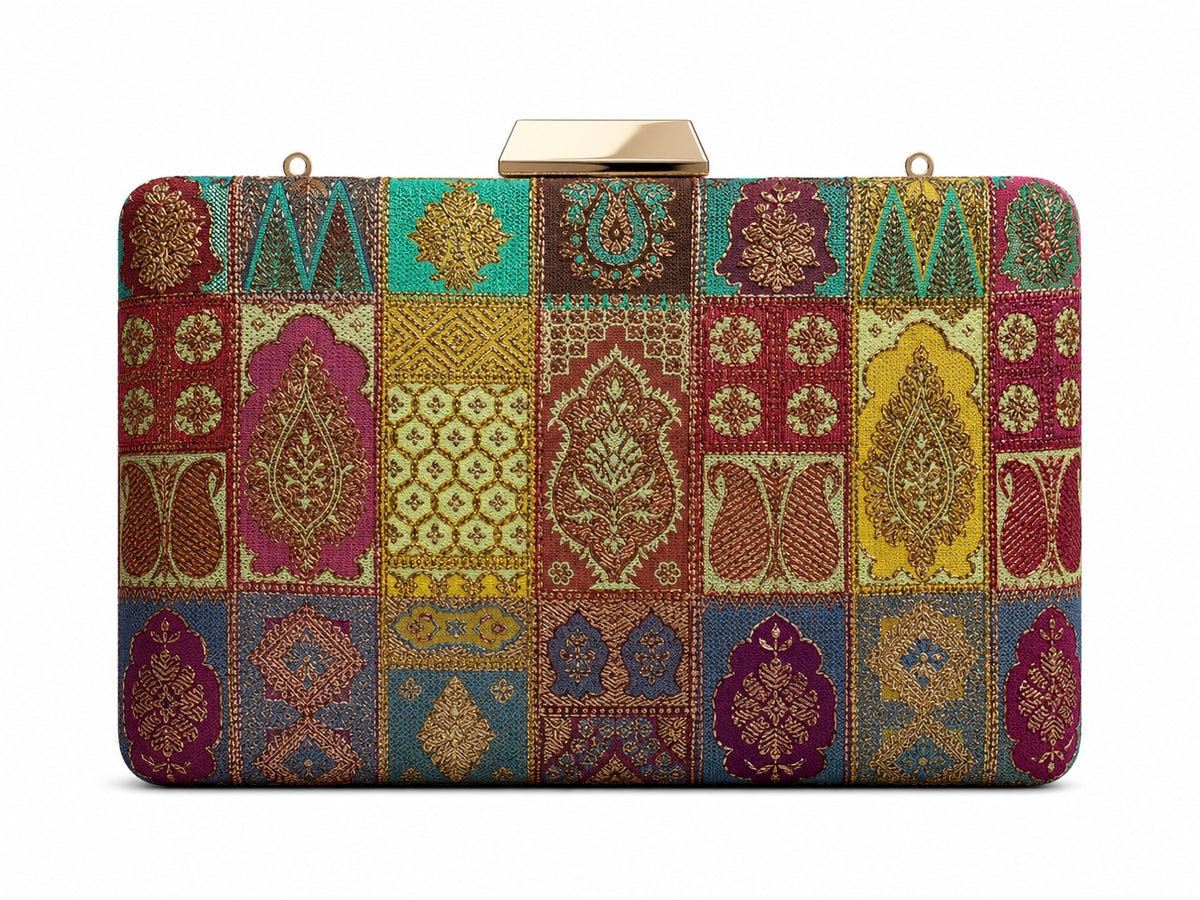 Tara Banarasi patchwork box clutch in emerald, mustard and maroon silk with antique gold zari