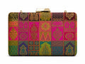 Kiran Banarasi patchwork box clutch in magenta and emerald green silk with gold zari motifs