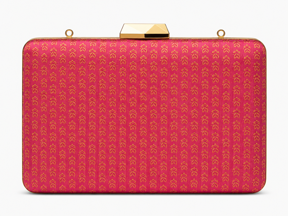 Jaya rani pink Banarasi silk box clutch with small gold buti motifs and slim gold frame